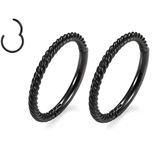 GAGABODY 2 Pcs Nose Rings 22G 20G 18G 16G 14G 12G 10G 8G Surgical Steel Piercing Rings for Nose Septum Cartilage Helix Tragus Conch Rook Daith Lobe from 5mm to 16mm Seamless Hoop Unisex Hinged Earrings - color: Black-Twisted
