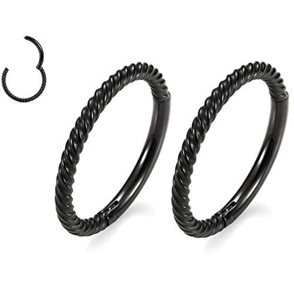 GAGABODY 2 Pcs Nose Rings 22G 20G 18G 16G 14G 12G 10G 8G Surgical Steel Piercing Rings for Nose Septum Cartilage Helix Tragus Conch Rook Daith Lobe from 5mm to 16mm Seamless Hoop Unisex Hinged Earrings - color: Black-Twisted