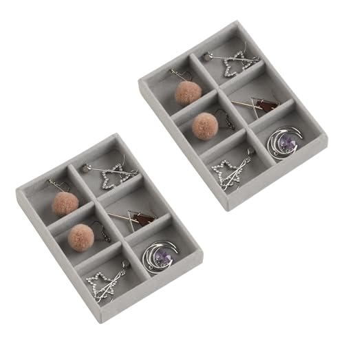 Frebeauty Small Jewelry Trays for Drawer,2 Pack 6 Grid Earring Organizer | Jewelry Display for Rings Stud,Jewelry Box Inserts,Drawer Inserts,Adjustable Dividers,Earring Organizer,Stackable,Mini Size - color: Grey, size: 6 Grids Set 2