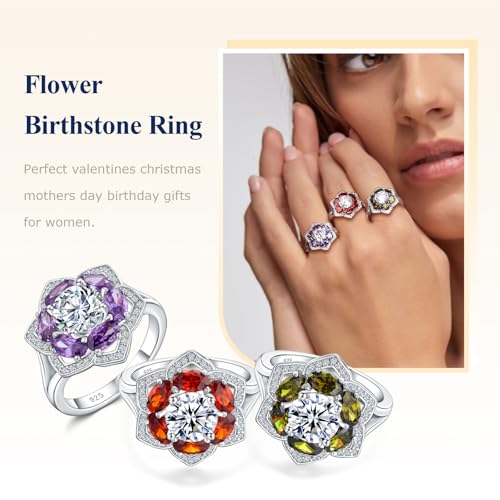 Flower Cocktail Ring for Women Stone Engagement Anniversary Rings | Sterling Silve|Hypoallergenic|Ruby|Sapphire|Emerald|Wedding and Birthday Party Women Statement Ring|Mother and Grandma Gift - color: Amethyst (Feb.)