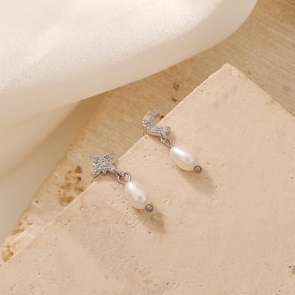 Pearl Earrings for Women 14K Gold Freshwater Pearl Hoop Earring Dangle Drop Wedding Earrings Bridal Bridesmaid Jewelry Gifts for Women - color: Silver Moon & Star Pearl Earrings