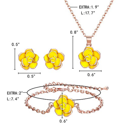 EleQueen Rose Flower Necklace Earrings Bracelet Set for Women - color: 03_Yellow Necklace+Earrings+Bracelet