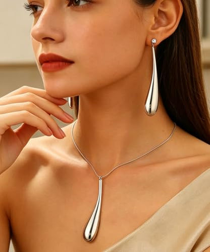 Round Teardrop Necklace Bracelet Ring Jewelry Set Gold Plated Chunky Statement Jewelry Set for Women Simple Elegant Jewelry - color: silverA