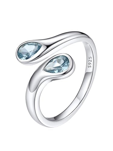 Bestyle Silver Birthstone Ring for Women, Dainty Sterling Silver Teardrop Ring Open Adjustable Band Ring, Love Statement TOI et Moi Ring Promise Ring for Her - color: 03.March( Aquamarine)
