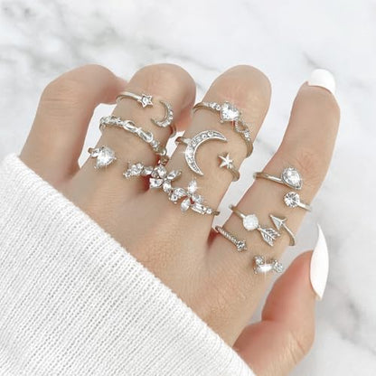HUASAI Gold Stackable Rings Set for Women Boho Dainty Moon Star Pearl Leaf Cubic Zirconia Heart Midi Pinky Trendy Jewelry Birthday Gifts - color: A Silver Rings 9 Pcs