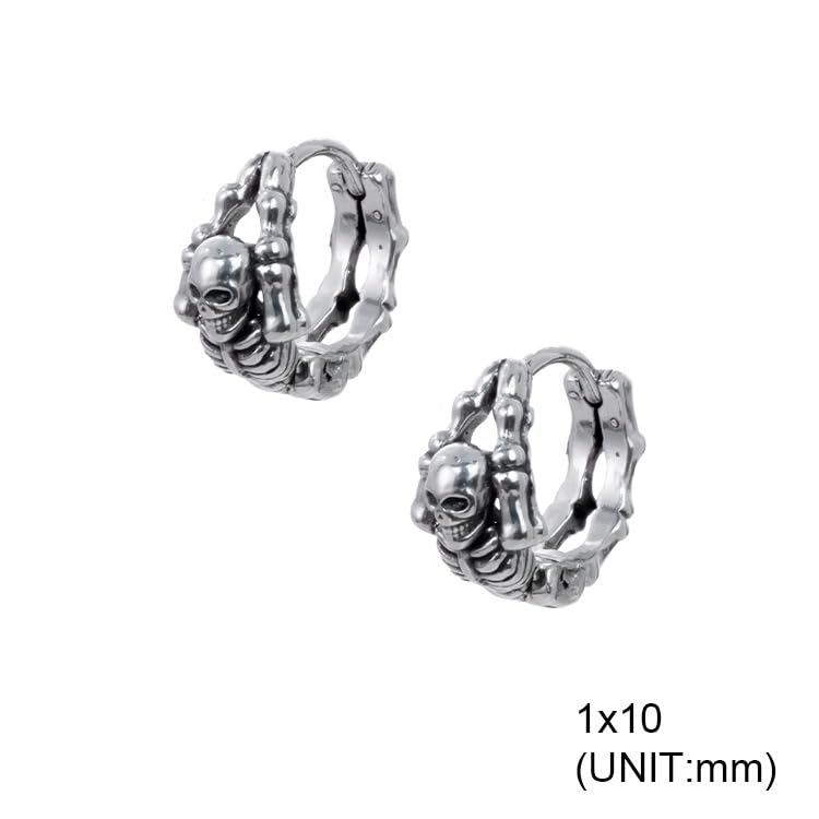 Vintage Skull Skeleton Hoop Earrings for Women Men 10mm Small Stainless Steel Huggie Hoops Earrings Gothic Punk Cartilage Hinged Hoop Earring Hypoallergenic Halloween Jewelry