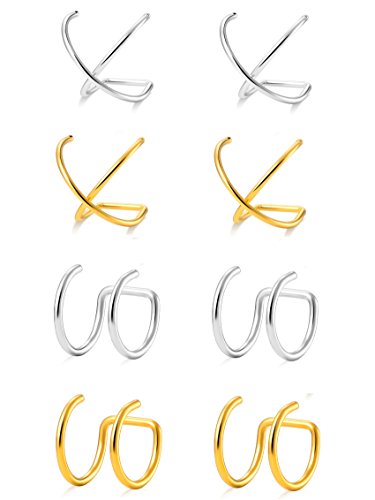 4-10 Pairs Stainless Steel Ear Cuff Helix Cartilage Clip On Wrap Earrings Fake Nose Ring Non-Piercing Adjustable - color: B2:4 Pairs, Silver&Gold Tone