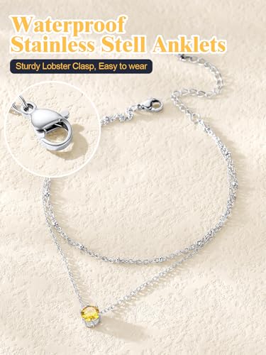 U7 Silver Ankle Bracelet for Women, Waterproof Layered Ankle Round Gem Birthstone Anklets, Summer Beach Foot Jewelry, Adjustable 8.5"-10.5" - color: 11.November-Yellow Topaz