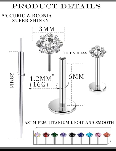 20G 18G 16G Astm F136 Titanium Threadless Flat Back Earrings Nose Studs Tragus Helix Conch Cartilage Lobe Earrings Medusa Labret Snake Bite Monroe Lip Ring Piercing Jewelry For Women Men - size: 16G-6MM Bar-CZ 3MM