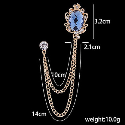 Men's Gem Tassel Brooch Lapel Pin Elegant Badge Hanging Chains Collar Brooches Pin for Career Suit Tuxedo of Shirts Tie Hat Scarf for Boyfriend Father Birthday - style: Gold with Blue Crystal