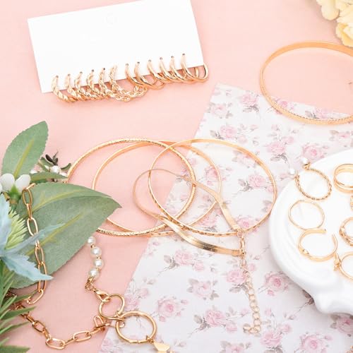 48pcs Gold Jewelry Set for Women Multi Layered Necklace Knuckle Rings Stackable Bracelets Dainty Earrings Anniversary Birthday Valentine Gift Pack for Women