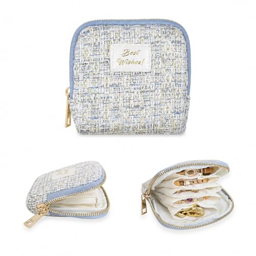 Stratalife Small Travel Jewelry Case, Qulited Storgae Pouch | Portable Jewelry Organizer for Gemstones Healing Crystal & Bracelets Bangles, 6 Pouches Ring Holder with Zipper, White Blue - color: Quilted Blue