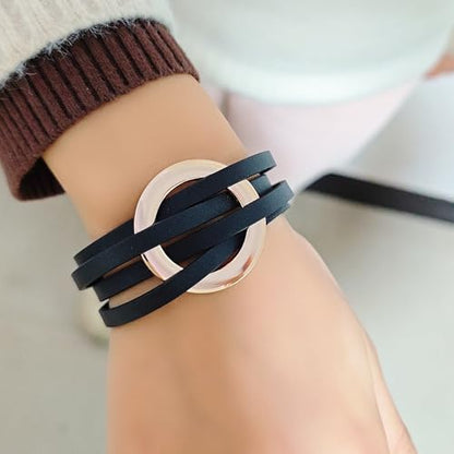 ZMANYIJEW Leather Wrap Bracelets for Women,Boho Cuff Bracelets Multi-Layer Crystal Beads Cuff Bracelet Multilayered Leopard Leather Braided Bangle Wrist Cuff Bangles - style: O-black