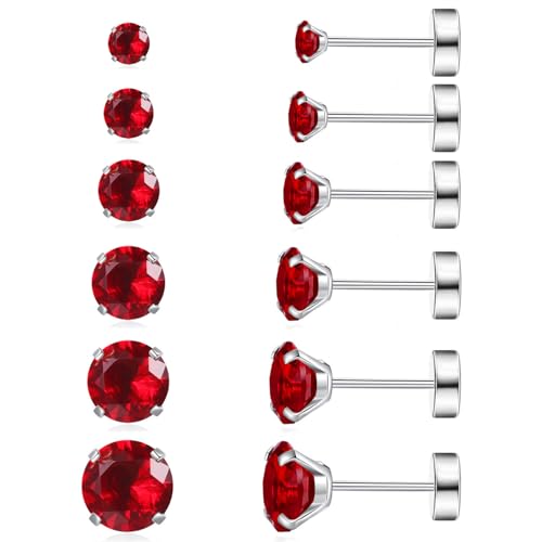 6 Pairs Surgical Steel Flat Back Earrings | CZ Stud Set | Hypoallergenic 316L Surgical Steel • Flat Back Threaded Studs for Cartilage, Helix & Lobe • 6 Mixed Sizes (3-8mm) - color: Red