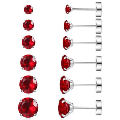 6 Pairs Surgical Steel Flat Back Earrings | CZ Stud Set | Hypoallergenic 316L Surgical Steel • Flat Back Threaded Studs for Cartilage, Helix & Lobe • 6 Mixed Sizes (3-8mm) - color: Red