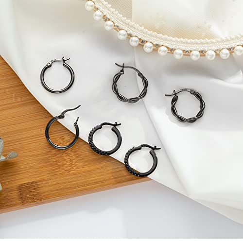 PABBEU 925 Sterling Silver Small Hoop Earrings Set for Women Hypoallergenic | 3Pairs Cubic Zirconia Small Huggie Hoop Earrings Set 13/15/20mm,Nickel-Free Lightweight Comfortable Sleeper Earrings Gift Set - color: 13/15/20mm HMT Black