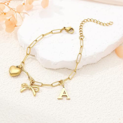 14K Gold Plated Bracelet for Women Simple Jewelry Initial A-Z Bracelet Dainty Chain Gifts for Women Birthday Unique Dainty Letter Charm Bracelet with Bow Anniversaries Gifts for Mother Her Jewelry Gift - style: M
