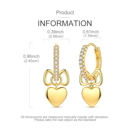 925 Sterling Silver Dangle Whale Shark Butterfly Bow Earrings for Women | Hypoallergenic Huggie Hoop Drop Cross Earrings for Sensitive Ears, Cubic Zirconia Statement Trendy Jewelry Birthday Gifts - color: Gold Sparkling Bow Love