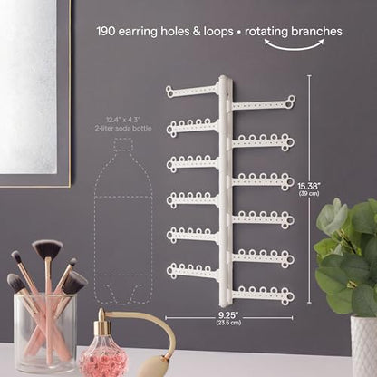 12-Tier Hanging Wall Jewelry Organizer, Earring,Necklace,Ring Holder-White | Large Capacity with 120 Earring Holes, Rotating Branches, genuine 3M Command Strips, Bracelet, Ring & Necklace Storage - color: White 12-Tier