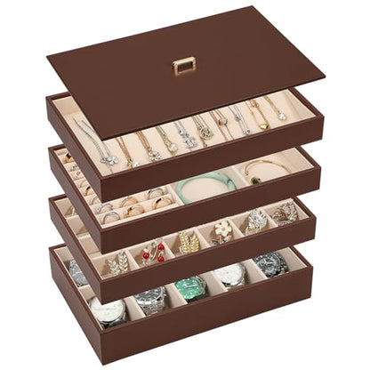 Voova Stackable Jewelry Organizer Tray with Lid (Set of 4, Coffee) | Stackable PU leather jewelry trays with drawer inserts for earrings, rings, necklaces, bracelets and watches; set of 4 - color: Caramel Brown