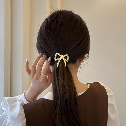 Bow Hair Ties for Women Gold Silver Metal Hair Tie for Girls Elegant Elastics Rubber Hair Scrunchies for Long Thick Bowknot Ponytail Holder Christmas Gifts Bow Hair Accessories 2Pcs