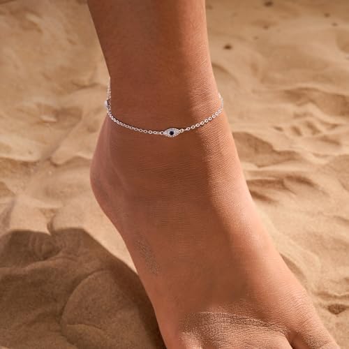Rotnso Anklets for Women 14K Gold Silver Plated Ankle Bracelets Trendy Waterproof Boho Anklets Set Adjustable Dainty Cute Diamond Beaded Heart Non Tarnish Summer Beach Jewelry Gift - style: Evil Eye Diamond-SL
