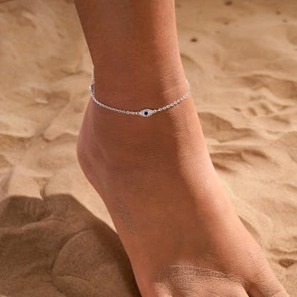 Rotnso Anklets for Women 14K Gold Silver Plated Ankle Bracelets Trendy Waterproof Boho Anklets Set Adjustable Dainty Cute Diamond Beaded Heart Non Tarnish Summer Beach Jewelry Gift - style: Evil Eye Diamond-SL