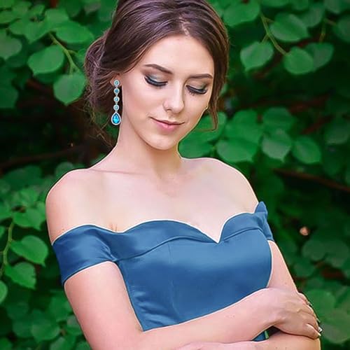 EleQueen Women's Wedding Crystal Teardrop Pear Shape 3 Inch Clip on Long Dangle Earrings for Bride Bridesmaid, Jewelry for Party Prom/Anniversary - color: Light Blue Silver-Tone