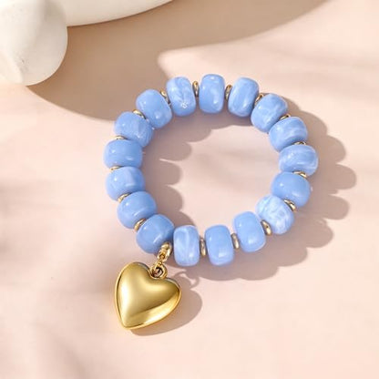 Colorful Beaded Bracelets Boho Jewelry for Women Multicolor Resin Chunky Bracelet Summer Vacation Outfits Beach Gifts - color: Blue-Heart