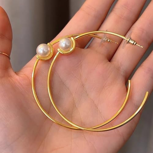 OwMell Large Hoop Earrings for Women 925 Sterling Silver Post 14K Gold Plated Big Hoops Earrings Trendy Pearl Cubic Zirconia Hoop Earrings - color: Pearl Gold