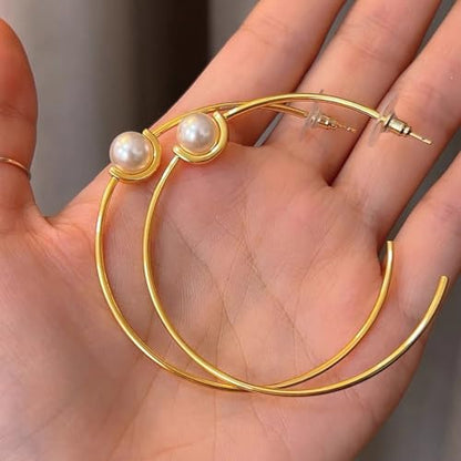 OwMell Large Hoop Earrings for Women 925 Sterling Silver Post 14K Gold Plated Big Hoops Earrings Trendy Pearl Cubic Zirconia Hoop Earrings - color: Pearl Gold