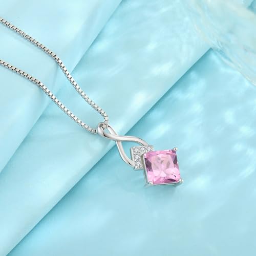 Infinity Necklace 925 Sterling Silver Princess Cut Pendant Birthstone Jewelry for Women - color: Pink