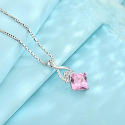 Infinity Necklace 925 Sterling Silver Princess Cut Pendant Birthstone Jewelry for Women - color: Pink
