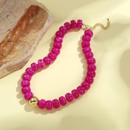 Badu Colorful Chunky Beaded Choker Necklace, Acrylic Colorful Bead Statement Necklaces, Adjustable Summer Beach Jewelry Gift for Women - color: Rose Red