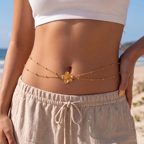 14K Gold Plated Belly Chain for Women, Boho Bikini Waist Jewelry | Adjustable Fit, Dainty Layered Look, Pearl, Shell & Starfish Options, Boho Body Jewelry, Beach, Vacation - color: Gold-Plated 5