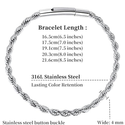 Twist Chain Necklace 2/3/5/8MM Braided Rope Chain Necklace for Men Stainless Steel Rope Jewelry for Men & Women Rope Chain for Pendant 18/20/22/24 Inch with Delicate Gift Box - size: 8.5 inches, style: 4mm width-steel