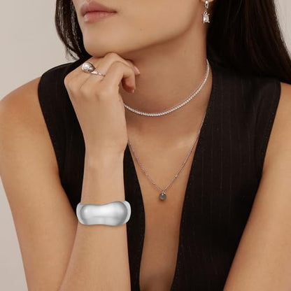 HZMAN Chunky Gold Cuff Bracelets for Women Thick Wide Bangle Bracelet Hammered Open Hinge Wrist Cuff Bracelet Jewelry Gift - color: 02.Irregular Silver