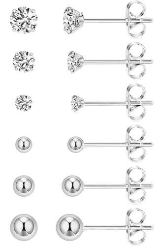 6 Pairs Extra Long Post Earrings Lightweight Small 316L Stainless Steel Stud Earrings for Women Hypoallergenic Cubic Zirconia Ball Ear Piercing Studs for Sensitive Ears - color: Silver