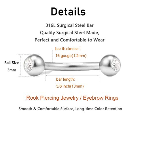 Rook Piercing Jewelry Rook Earrings for Women Eyebrow Rings Surgical Steel Vertical Labret Jewelry 16g 14g Curved Barbell Snug Daith Surface Tragus Piercing Jewelry Silver Gold - color: A1 - 3/8"(10mm) -silver