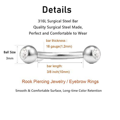 Rook Piercing Jewelry Rook Earrings for Women Eyebrow Rings Surgical Steel Vertical Labret Jewelry 16g 14g Curved Barbell Snug Daith Surface Tragus Piercing Jewelry Silver Gold - color: A1 - 3/8"(10mm) -silver
