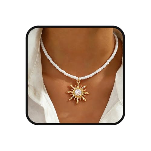 Tgirls Boho Beaded Choker Necklace Opal Bead Necklace Sun Pendant Summer Jewelry for Women - color: White