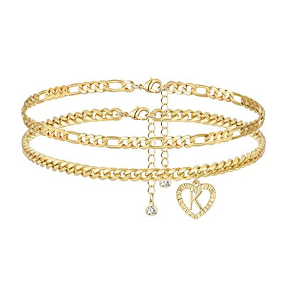 YANODA Initial Ankle Bracelets for Women 14K Gold Plated Layered Figaro Cuban Chain Letter Initial Anklets Handmade Letter A-Z Gold Anklets for Women Foot Jewelry Gifts - color: K