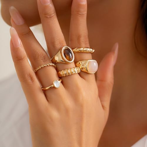 Rrdaily 14K Gold Plated Stackable Knuckle Rings Set for Women Trendy Chunky Simulation Gemstone Signet Rings Dainty Midi Finger Rings Pack Aesthetic Statement Jewelry for Bridesmaid Wedding Gifts - style: 6 Pcs Gold