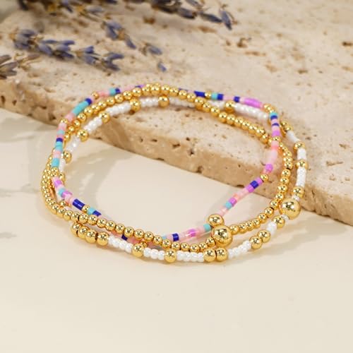 Gold Beaded Bracelet Stack for Women Colorful Small Seed Beads Bracelets Set Boho 14K Gold Plated Ball Stackable Stretch Non-Tarnish Dainty Jewelry Trendy Accessory Friendship Gift - color: pink purple and white