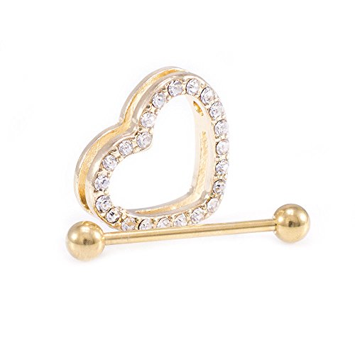 14G Stainless Steel CZ Paved Heart Nipple Rings Nipple Piercing Jewelry for Women 7/8 Inch 22mm - color: Gold IP - Clear CZ