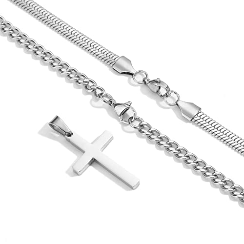 Zocomi Cross Necklace for Men Boys, Stainless Steel Layered Cuban Link Herringbone Chain Cross Pendant Christian Fashion Jewelry Gifts 16-24 Inches - color: Silver, size: 16inch/18inch, style: Herringbone+Cuban