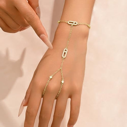 14K Gold Plated Paperclip Finger Chain Bracelet for Women | Adjustable Stackable Cubic Zirconia Hand Chain, Mother Daughter Birthday Wedding Jewelry Gifts - color: Gold