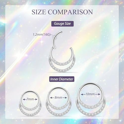 GAGABODY Septum Jewelry 16 Gauge Earrings Double Hoop Daith Earring Surgical Steel Hinged Nose Rings Nose Hoop Helix Tragus Rook Piercing - color: Style3:1pc Silver+Clear CZ