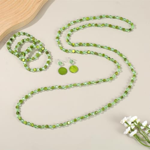 Trendy Infinity Wrap 60’’ Long Statement Necklace, Earrings and Bracelet Set - Hand Knotted Versatile Crystal and Shell Beads Strand Necklace and Chunky Beaded Stretch Bracelet Stack – Jewelry Set Gift for Women - color: green