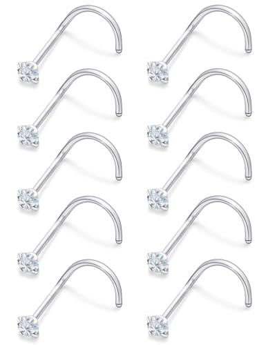 Nose Studs Surgical Steel Nose Rings Studs with Cubic Zirconia 10Pcs Tiny Nostril Rings for Women Screw Bone and L-Shaped Nostril Piercing Jewelry 24G 22G 20G 18G - color: silvertone,screw nose studs, size: 22g,1.5mm Clear CZ